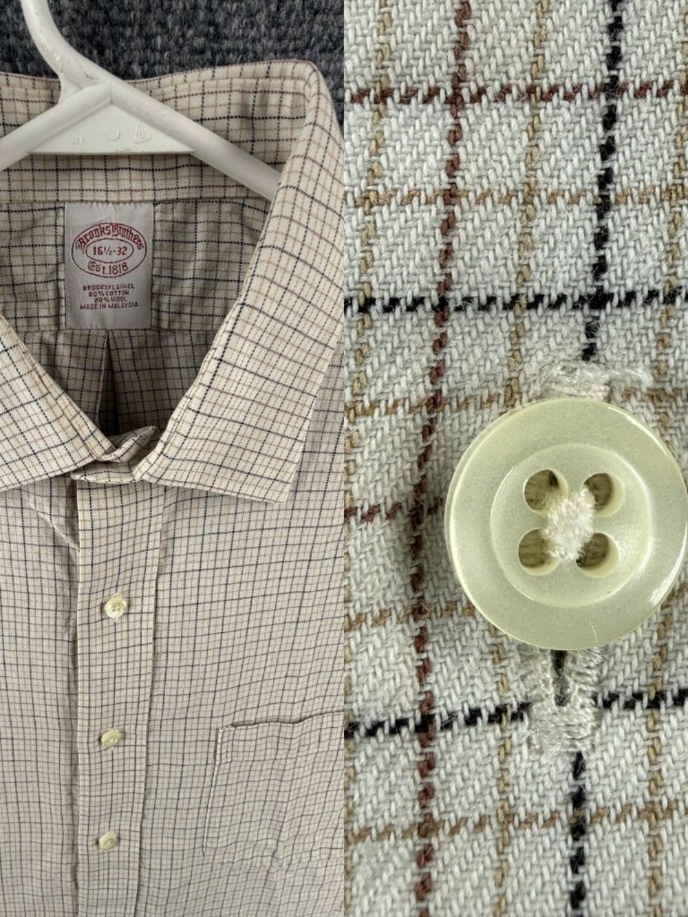 Brooks Brothers Flannel Cotton Wool Brooksflannel Check 16.5 32 Beige Shirt Mens
